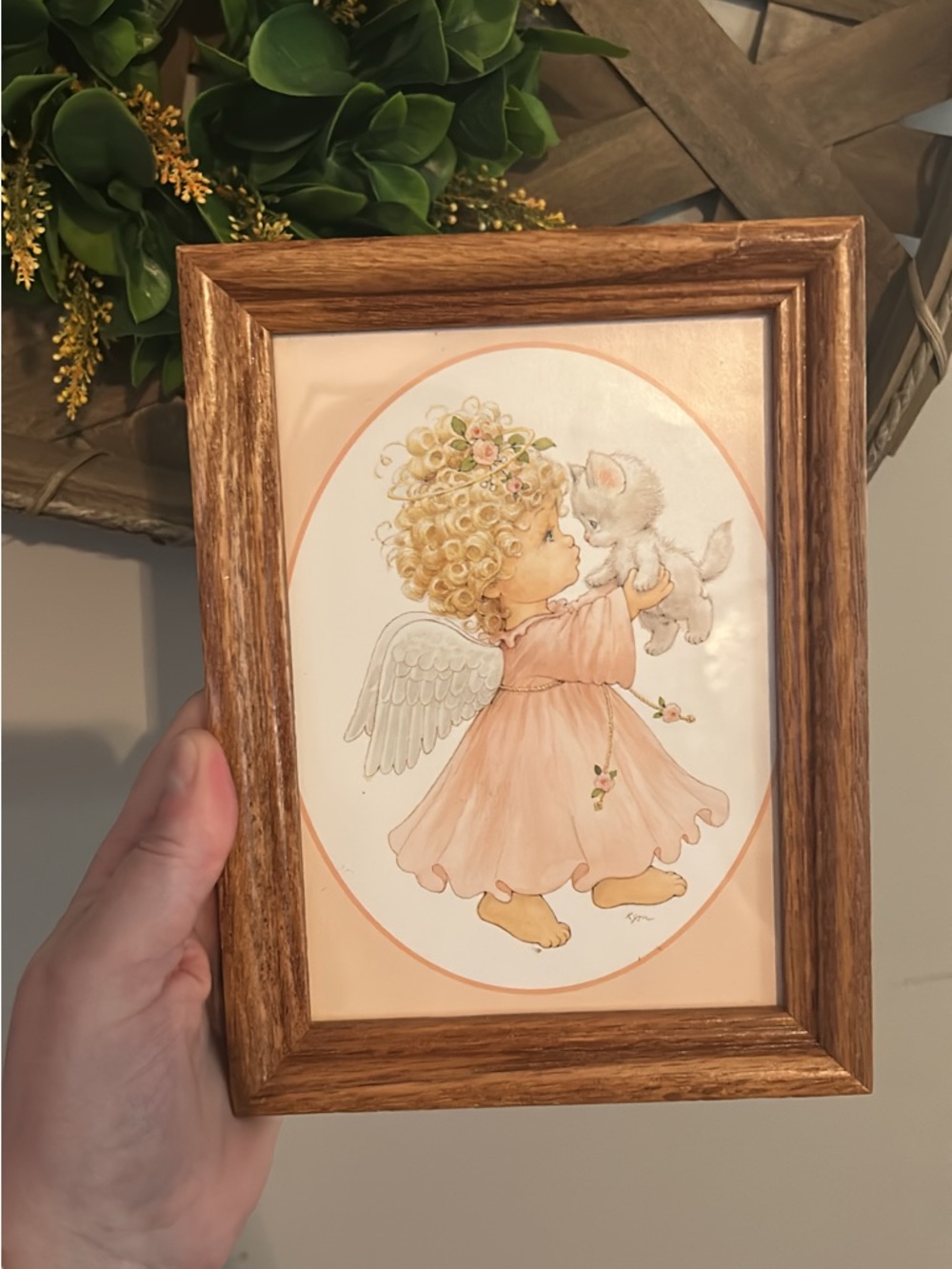 Framed Angel Girl Holding Kitten Wall Art - Pink and White